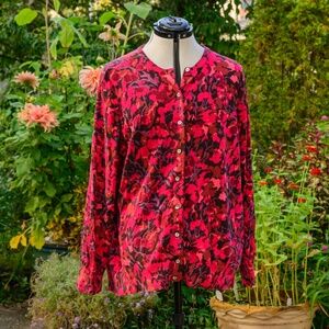 Land’s End Supima Cotton Flowered red/black pattern long-sleeve button cardigan